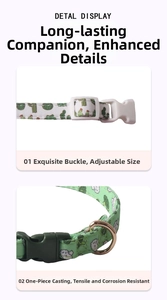 Detail of adjustable pet collar with durable plastic buckle and anti-rust metal D-ring