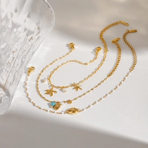 Stainless Steel Bracelets Ocean Sea Shell Starfish Imitation Artificial Pearl Blue Bead Gold Plated Waterproof Jewelry For Women