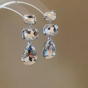 Elegant Rhinestone Drop Earrings With Silver Earring Post Copper Luxury Square Waterdrop Geometric Dangle For Women