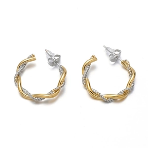 Minimalist 18K gold plated two-tone geometric twisted hoop earrings on white background