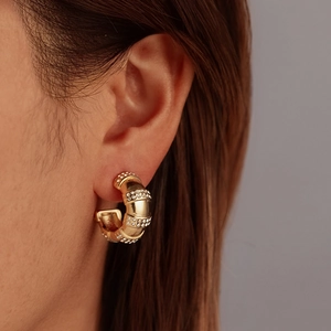 Gold-plated stainless steel C-shaped earrings with rows of sparkling white zircons