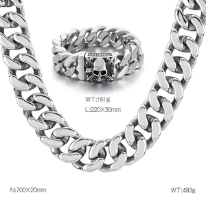 Silver stainless steel skull bracelet and heavy Cuban link necklace set with dimensions