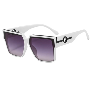 Fashion square white frame sunglasses with purple gradient lenses and cut-out temples