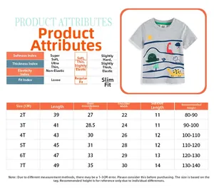 Detailed size chart and material attributes for boys dinosaur print cotton t-shirt