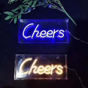 Cheers LED neon sign with blue and warm white lighting on acrylic backboard for decor