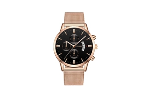Detail view of the rose gold mesh strap watch with multi-eye black dial and date window