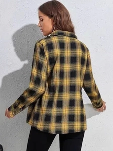 Classic yellow and black plaid flannel long-sleeve shirt casual top shown from the back