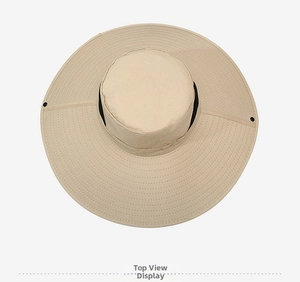 Close-up of khaki wide brim sun hat with breathable black mesh and metal snaps detail