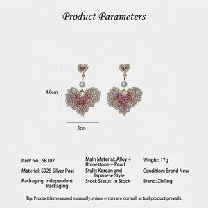 925 silver needle heart drop earrings with colorful rhinestones and pearls 4.8cm length