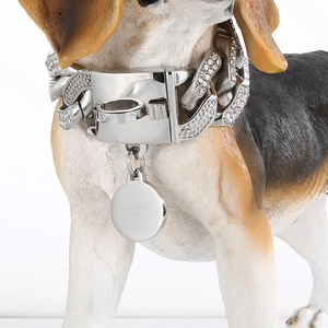 Detail of silver 316L stainless steel dog collar with cubic zirconia and round pendant