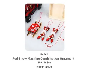 Detail of red wooden Christmas sled and skis ornament set with snowflake patterns