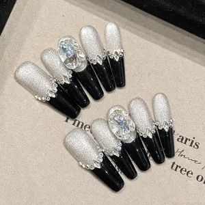 Handmade Press On Nails Black Silver Gradient Long Coffin Luxury Rhinestone Glitter Removable Fake Nails For Women Cool Style