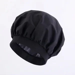 Elastic wide-band waterproof satin sleep cap in black for hair protection and beauty care
