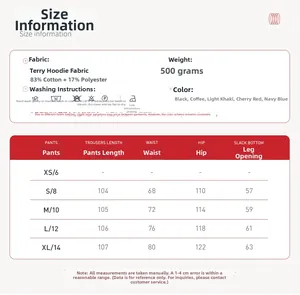 Size chart showing fabric specs and measurements for women wide-leg sweatpants