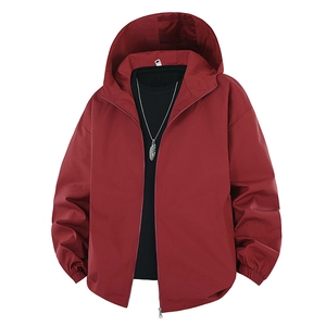 Men's dark red hooded windbreaker jacket with full zip and elastic cuffs on white background