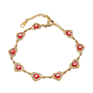 Adjustable golden stainless steel bracelet with red heart charms and evil eye enamel