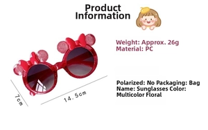Detailed dimensions of kids red glitter sunglasses with cartoon mouse ears and bow