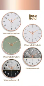 Detailed comparison of five rose gold quartz wall clocks with diverse dial designs
