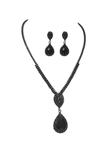 Detail view of luxurious black rhinestone necklace and earring bridal jewelry set