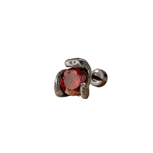 Snake design ear stud in dark grey titanium steel with red zircon and screw back closure