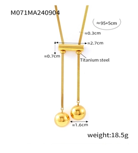 Detail of 18K gold-plated titanium steel sweater chain with polished ball tassels
