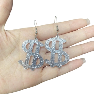 Sparkly silver glitter dollar sign drop earrings for women in punk hip-hop style