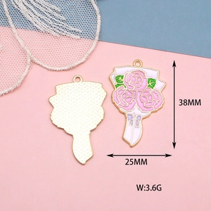 Pink flower bouquet enamel charm for DIY jewelry with dimensions 38x25mm and 3.6g weight