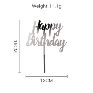 Silver Happy Birthday acrylic cake topper with dimensions of 16cm by 12cm and 11.1g weight