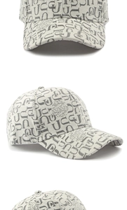 Detailed views of light grey canvas baseball cap with monogram print and curved brim