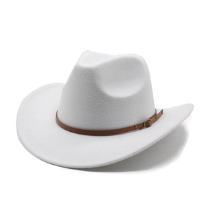Detail of white felt cowboy hat featuring a brown PU leather band with metal buckle