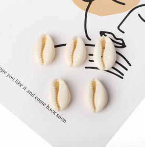 Set of five natural cowrie shells for DIY bohemian jewelry making on a white card
