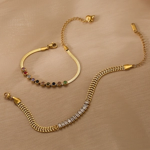 Gold-plated snake and wheat chain bracelets with colorful cubic zirconia on silk