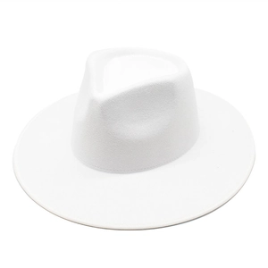 Detailed view of white wool fedora hat featuring classic wide brim and stitched edges