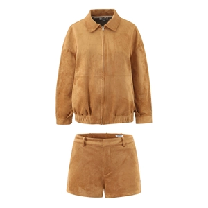 Women Suede Jacket And Shorts Casual Zipper Crop Coat High Waisted Pockets Streetwear Fashion Solid Color Brown