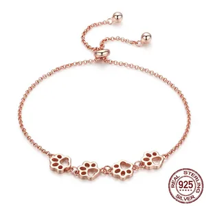 Rose gold S925 sterling silver adjustable bracelet with hollow paw print charms