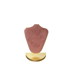 Elegant jewelry necklace display stand with red velvet padding and gold metal base