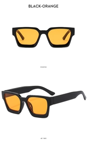 Front and 45-degree side views of square black sunglasses with orange lenses