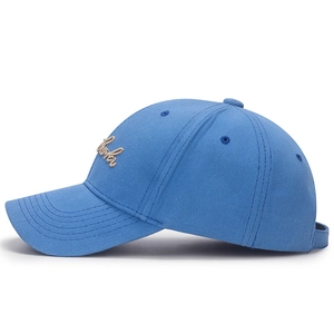 Navy blue washed cotton baseball cap with khaki side embroidery and adjustable strap