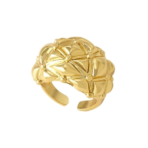 Adjustable 18k gold plated open ring with geometric diamond pattern and bead embossing