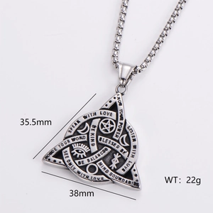 Detail shot of punk style stainless steel triangle pendant with size markings