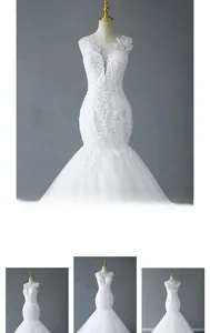 Detailed embroidery and sequins on white mermaid wedding dress with deep V-neckline