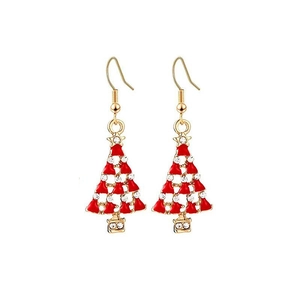 Detailed view of Christmas tree earrings with red enamel and sparkling white rhinestones