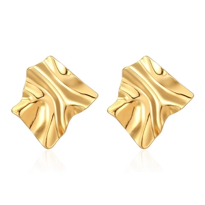 Detail view of French vintage 18K gold plated stainless steel irregular pleated earrings