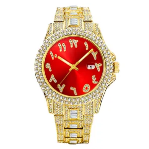 Luxurious gold-tone full iced-out quartz watch with a sunray red dial and date display