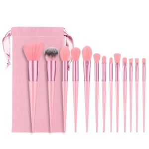 14-piece pink makeup brush set with storage pouch and rose gold ferrules for beginners