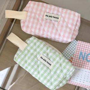 Quilted Gingham Cosmetic Bag Cotton Makeup Pouch Portable Travel Storage Organizer Soft Checkered Handheld Case For Women