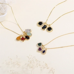 18K gold plated necklace set with colorful gemstone heart and teardrop pendants