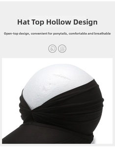 Detail of black open-top visor showing pleated fabric and ponytail-friendly design