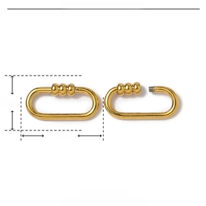 Macro detail of gold stainless steel oval screw clasp connector with 22mm length