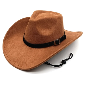 Cappello Da Cowboy Occidentale Fedora In Feltro Di Camoscio Tesa Larga Con Corda Antivento Regolabile